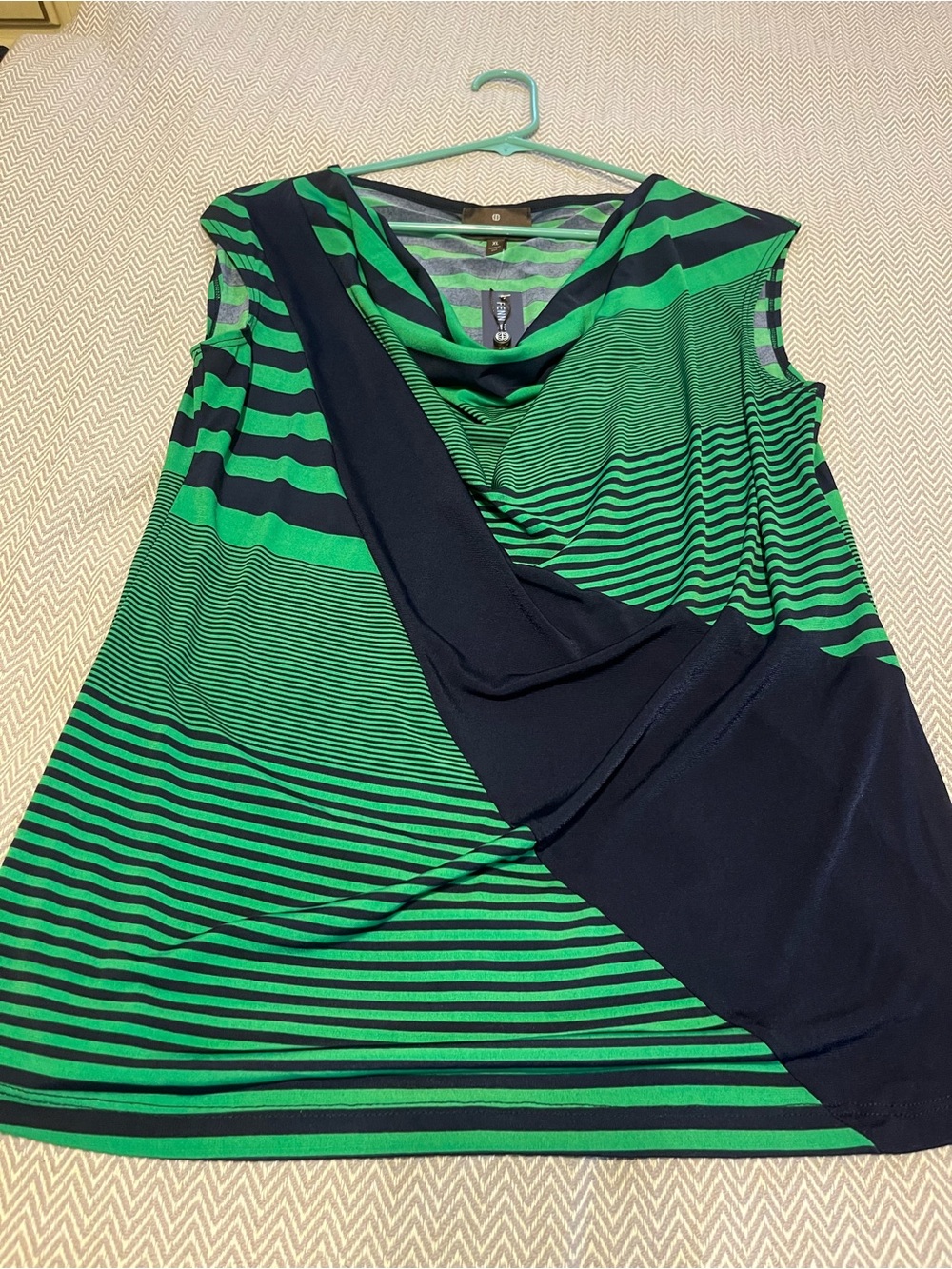 NWT! Fenn Wright Manson Sleeveless Green and Navy Stripe Drape Front Top. XL.